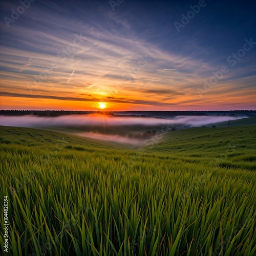 sky, sunset, field, sun, grass, landscape, nature, sunrise, green, cloud, meadow, summer, clouds, horizon, sunlight, blue, agriculture, light, sea, beautiful, rural, evening, yellow, farm, water