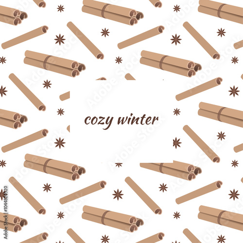 Background with a bunch of cinnamon sticks with anise and the text cozy winter on white background. Vector illustration. Cinnamon sticks tied with a string. Banner with elements of aromatic seasoning.