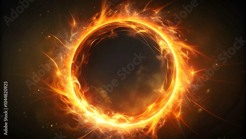 Fiery circle frame with glowing flames and burn effect, featuring sparks and magic flare, perfect for dynamic digital visuals and fantasy designs