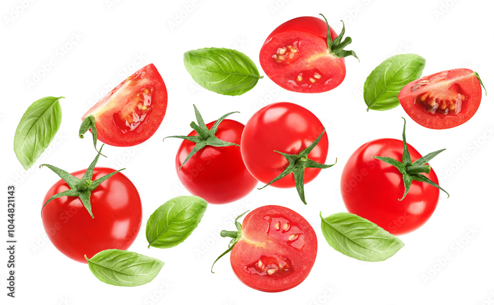 flying fresh tomatoes with green leaves isolated on white background. clipping path flying fresh tomatoes with green leaves isolated on white background. clipping path