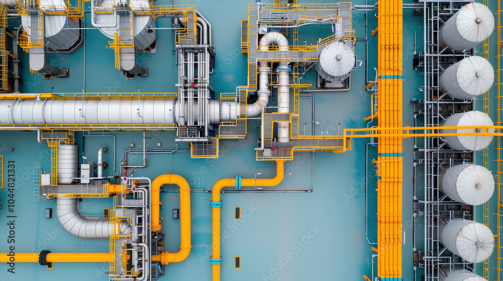 Aerial view of sprawling industrial refinery complex featuring intricate piping systems and storage tanks. vibrant colors and complex layout evoke sense of modern industry and engineering excellence