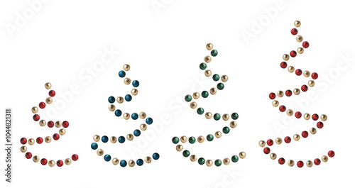 Christmas tree beads of gold, green and red glass balls. Shiny abstract fir tree ornament design. Blue metal happy new year decor. Happy noel isolated on white background. Marry light glossy sphere