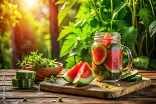 Refreshing Summer Vibes: A Wooden Table with Watermelon and Cucumber Jar Surrounded by Lush Greenery - Perfect for Nature Photography, Healthy Living, and Seasonal Decor Ideas