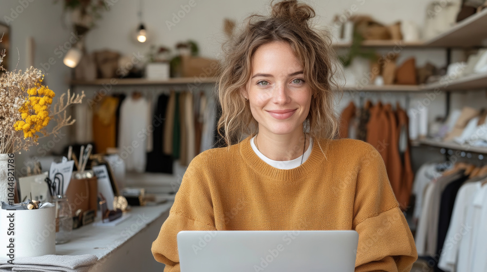 A young woman with curly hair smiles warmly while working on laptop in cozy boutique filled with stylish clothing and accessories. atmosphere is inviting and creative, perfect for inspiration A young woman with curly hair smiles warmly while working on laptop in cozy boutique filled with stylish clothing and accessories. atmosphere is inviting and creative, perfect for inspiration