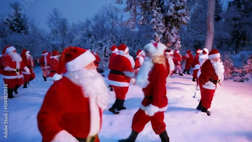 group of Santa Claus do a funny dance mob silly and goofy outdoor at night cold and snowy