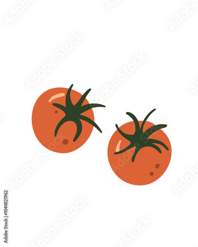 Cartoon vector illustration of two ripe red tomatoes, drawn in a playful style, perfect for cookbooks and product packaging