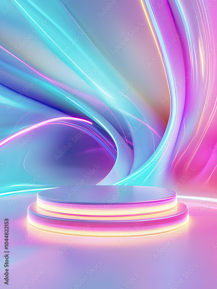 3D Rendered Podium with Curved Neon Structures 3D Rendered Podium with Curved Neon Structures