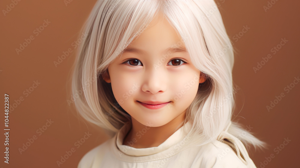 Portrait of asian girl child with long white hair creamy beige background. Portrait of asian girl child with long white hair creamy beige background.