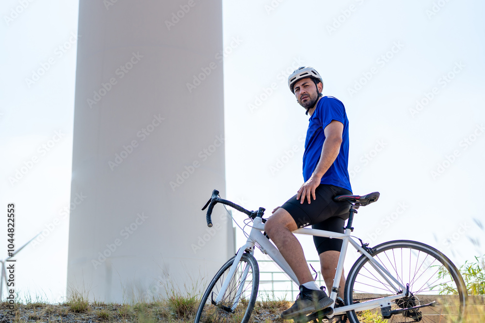 Obraz premium Portrait of Caucasian sportsman riding bicycle at wind turbine field. 