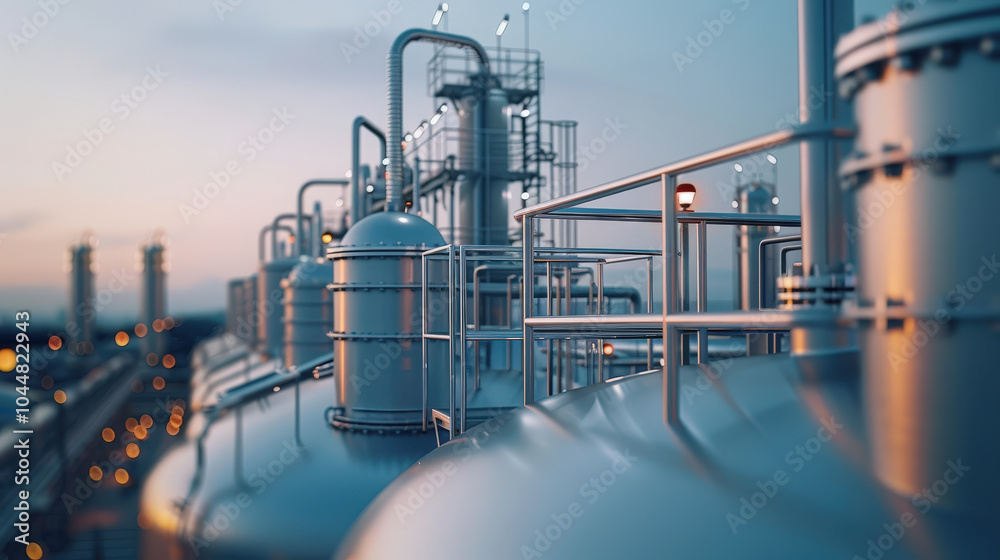 Fototapeta premium wide angle shot of refinery towers and petrochemical storage tanks, showcasing industrial structures against soft evening light. scene conveys sense of scale and modernity