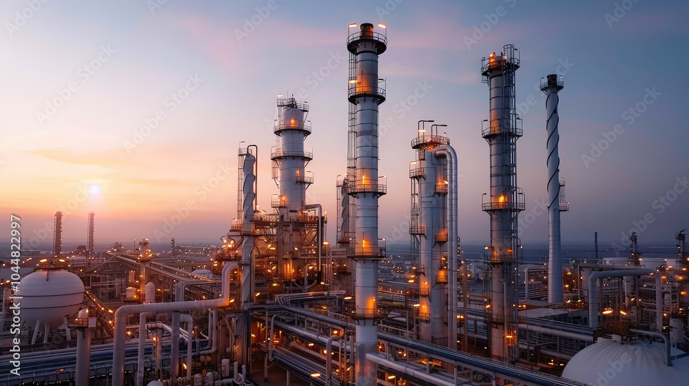 wide angle shot of refinery towers and petrochemical facilities at sunset, showcasing industrial structures and illuminated pipelines. scene captures essence of energy production and manufacturing wide angle shot of refinery towers and petrochemical facilities at sunset, showcasing industrial structures and illuminated pipelines. scene captures essence of energy production and manufacturing