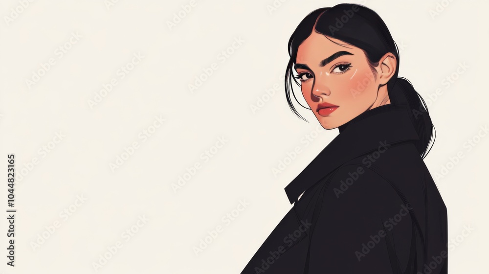 A woman with long black hair wearing a black coat looks over her shoulder. A woman with long black hair wearing a black coat looks over her shoulder.