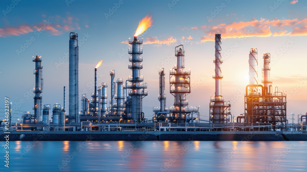 wide angle view of refinery towers and flares at sunset, showcasing industrial structures reflecting on water. scene captures essence of energy production and environmental impact wide angle view of refinery towers and flares at sunset, showcasing industrial structures reflecting on water. scene captures essence of energy production and environmental impact
