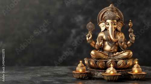 Ganesha Statue with Lit Diyas   Hindu God of Beginnings   Indian Deity