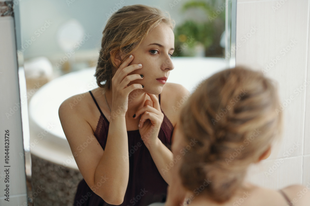Woman Checking Skin Blemishes in Bathroom Mirror with Focused Expression and Thoughtful Gesture Seen from a Side Profile Angle Woman Checking Skin Blemishes in Bathroom Mirror with Focused Expression and Thoughtful Gesture Seen from a Side Profile Angle