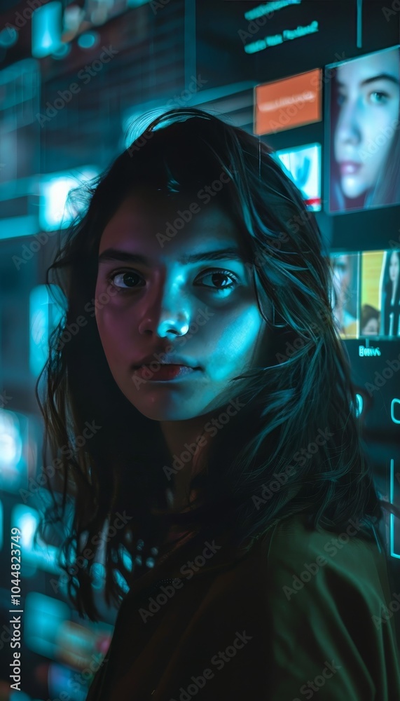 Fototapeta premium Young woman in her 20s surrounded by online privacy concerns, captured with focused lighting