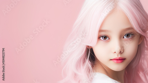 Portrait of asian girl child with long white hair pink background.