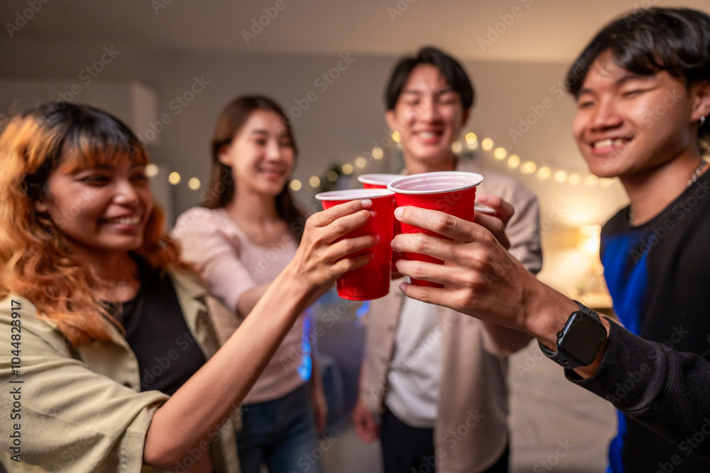 Group of Asian friends having evening party in living room at home. Group of Asian friends having evening party in living room at home.