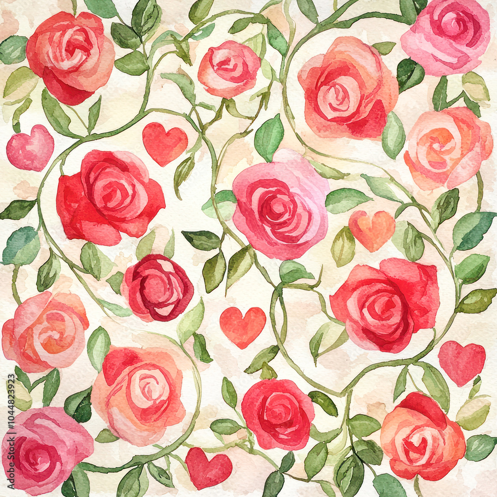 Pattern of vibrant red and pink watercolor roses with green vines and hearts, perfect for Valentine's Day designs. Pattern of vibrant red and pink watercolor roses with green vines and hearts, perfect for Valentine's Day designs.