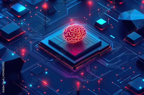 A highly detailed and realistic illustration of an AI chip with glowing brain-like patterns on top, floating above the circuit board of a computer chip photo