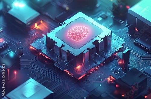 A highly detailed and realistic illustration of an AI chip with glowing brain-like patterns on top, floating above the circuit board of a computer chip
