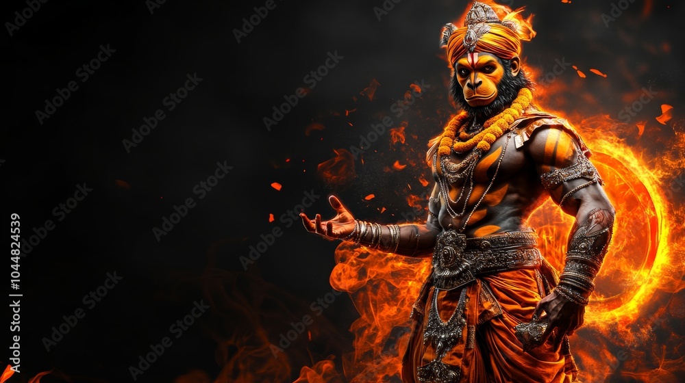 Fototapeta premium Powerful Hindu Deity Hanuman in Flames Mythological Figure Indian God Spiritual Religi