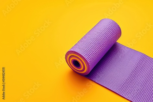 Vibrant purple yoga mat rolled out on a bright yellow background