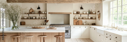 A modern kitchen featuring wooden shelves, large island, and elegant decor. space is bright and airy, showcasing blend of natural materials and minimalist design