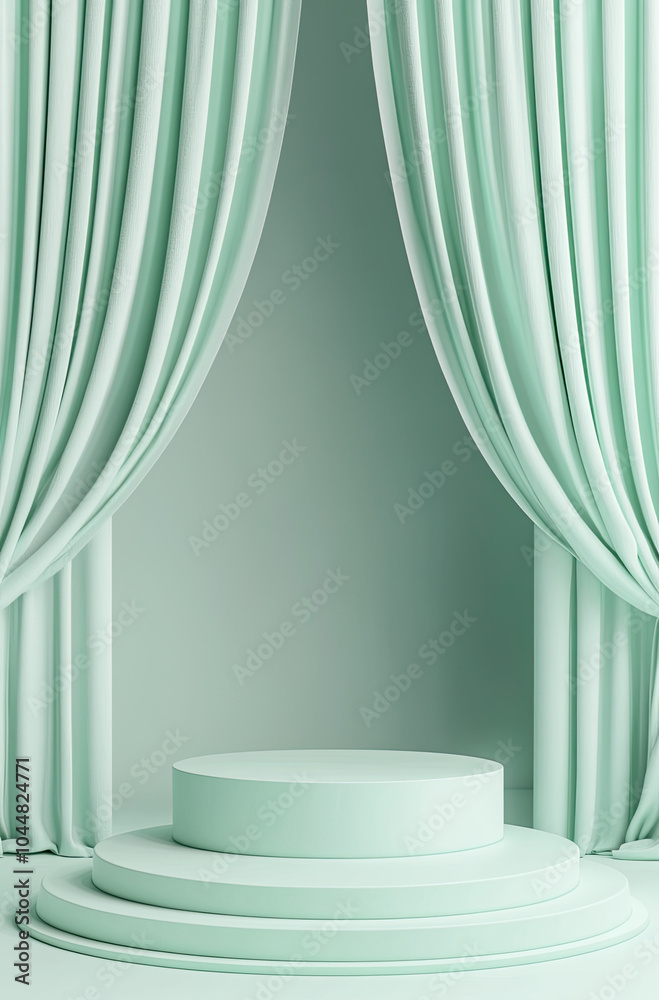 Fresh and Modern 3D Rendered Podium with Pastel Mint Curtains for a Cool and Inviting Look Fresh and Modern 3D Rendered Podium with Pastel Mint Curtains for a Cool and Inviting Look