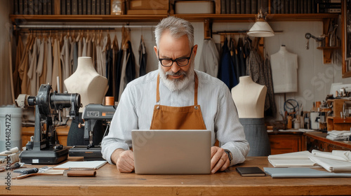 A skilled tailor works diligently on laptop in well organized workshop, surrounded by sewing machines and fabric. atmosphere reflects creativity and craftsmanship photo