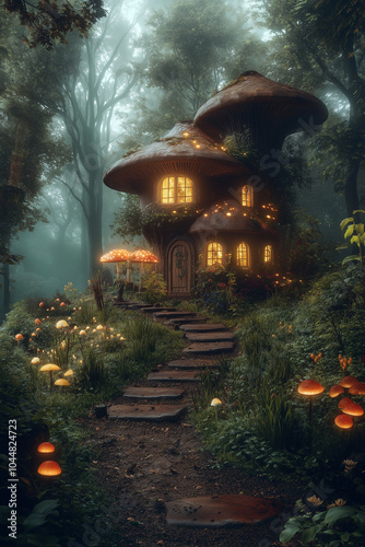 Enchanted forest: magical creatures and glowing mushroom