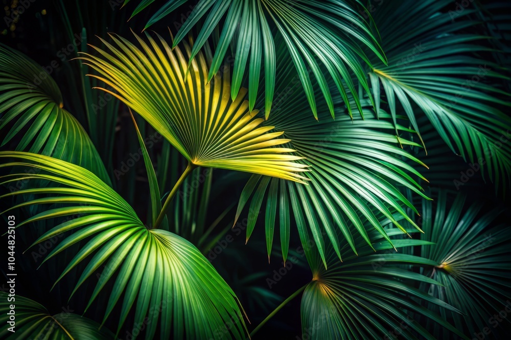 Obraz premium Low Light Photography of a Set of Palm Leaves in Atmospheric Shadows and Soft Glows for Nature and Plant Aesthetic Imagery