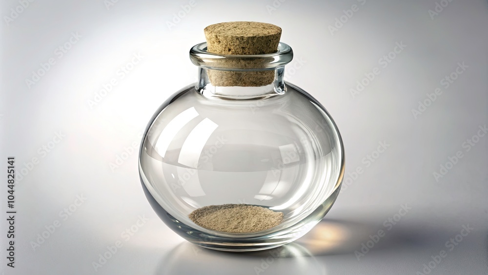 Spherical Glass Empty Small Bottle with Cork Isolated on White Background, Transparent PNG, High Depth of Field, Ideal for Product Display, Packaging, and Creative Design