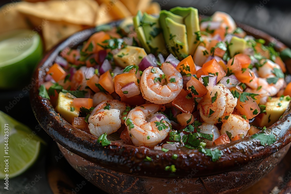 A dish of ceviche, featuring a mix of shrimp and fish marinated in lime juice, mixed with diced tomatoes, onions, cilantro, and avocado, served with crispy tortilla chips. A dish of ceviche, featuring a mix of shrimp and fish marinated in lime juice, mixed with diced tomatoes, onions, cilantro, and avocado, served with crispy tortilla chips.
