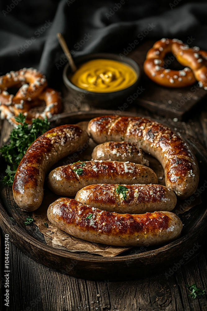 Grilled sausages on wooden board with sauce generated.AI Grilled sausages on wooden board with sauce generated.AI