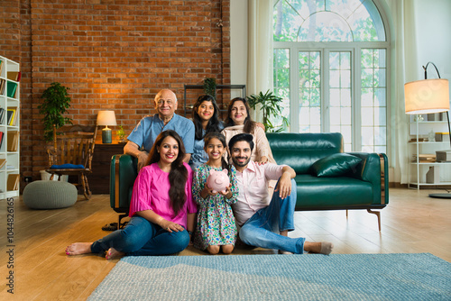 Cuadro en lienzo Happy Indian Asian family of six holding a piggy bank together, emphasizing the