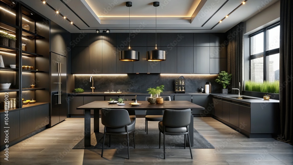 Luxurious Dark Kitchen Interior with Black Matte Finishes and Recessed Lighting in a Minimalist Dining Area for Chic Elegance