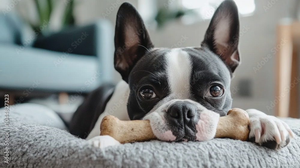 A playful Boston Terrier rests on cozy bed, holding chew bone with its expressive eyes. warm atmosphere adds to charm of this adorable pet moment A playful Boston Terrier rests on cozy bed, holding chew bone with its expressive eyes. warm atmosphere adds to charm of this adorable pet moment