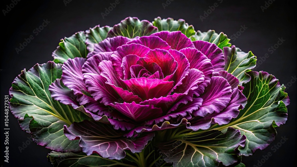 Obraz premium Stunning Purple Cabbage Flower - Ornamental Kale Beauty Over Black Background with Copy Space for Food Photography and Decorative Plant Imagery