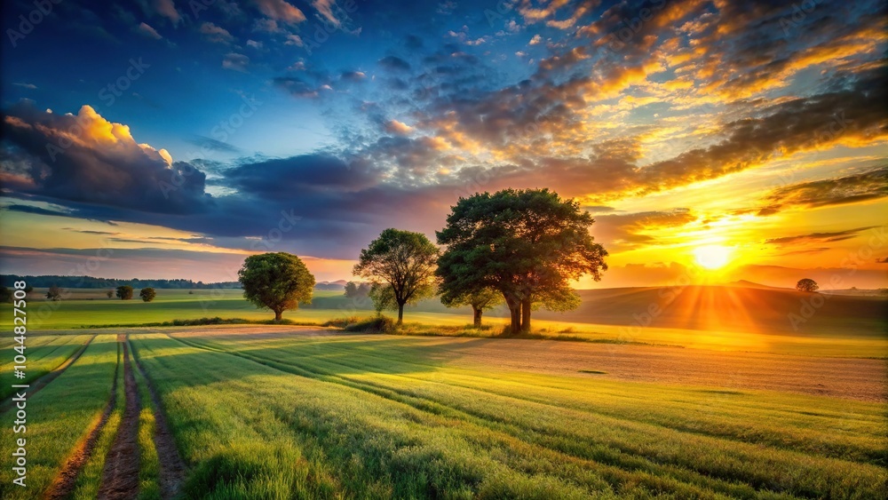 Fototapeta premium Silhouette sunset over fields and trees casting shadows