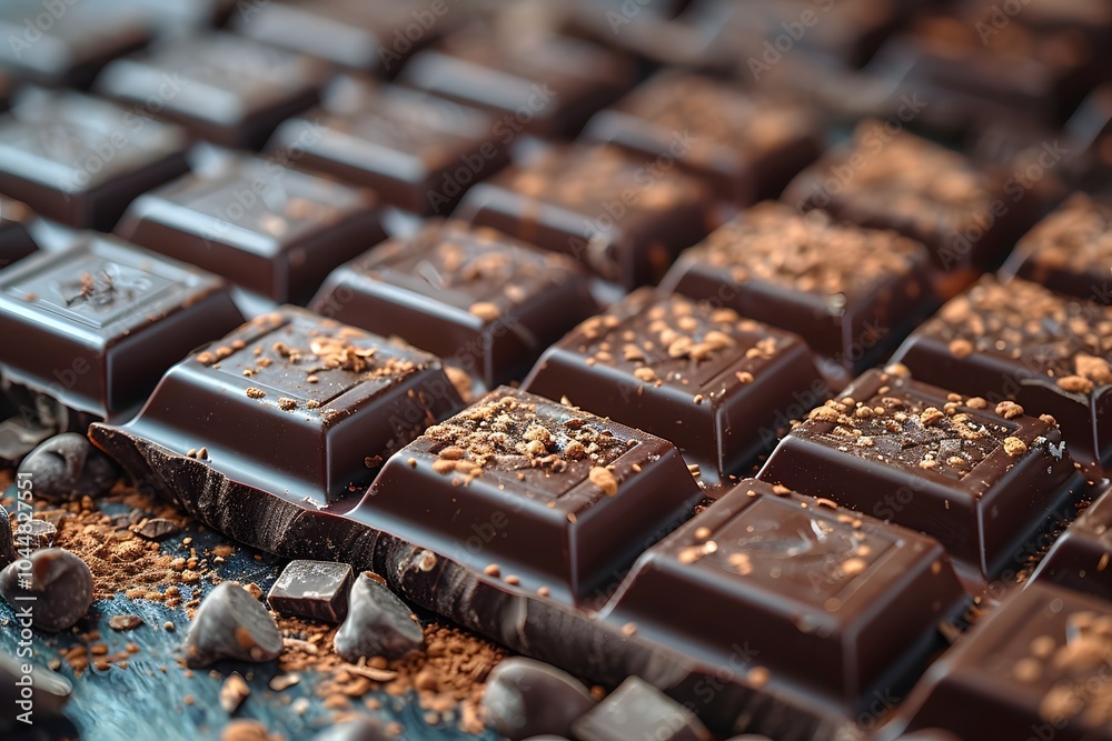 Close-up of Gourmet Dark Chocolate with Cocoa Nibs for Premium Confections Close-up of Gourmet Dark Chocolate with Cocoa Nibs for Premium Confections