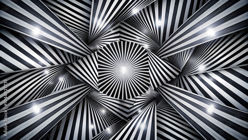 A black and white striped pattern is displayed in the center of the image, surrounded by radiating stripes and bright lights. A black and white striped pattern is displayed in the center of the image, surrounded by radiating stripes and bright lights.