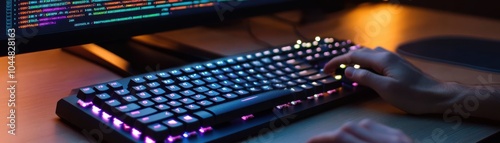 A close-up of a hand on a colorful backlit keyboard, showcasing a vibrant tech environment ideal for coding and gaming.