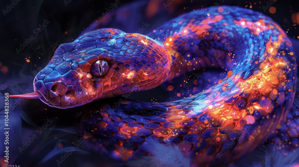 A colorful snake glides smoothly under the night sky, its vibrant scales illuminating the surroundings with a captivating glow and intricate design A colorful snake glides smoothly under the night sky, its vibrant scales illuminating the surroundings with a captivating glow and intricate design
