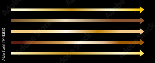 Straight Long Arrow. Set of simple Symbols for apps and websites. Vector flat illustration. Golden pointers isolated on black background.