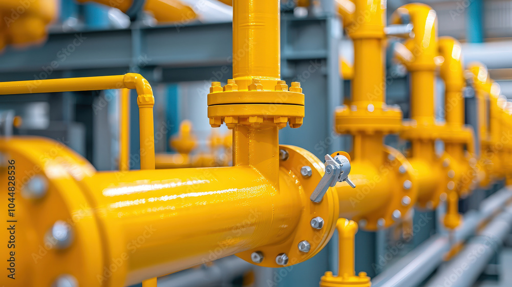 Close up of complex valve systems in petrochemical facility, showcasing vibrant yellow pipes and valves. intricate design highlights industrial engineering and functionality Close up of complex valve systems in petrochemical facility, showcasing vibrant yellow pipes and valves. intricate design highlights industrial engineering and functionality