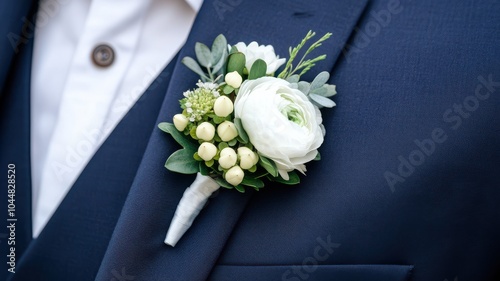 A close-up of a stylish boutonniere featuring white flowers and green foliage, perfect for weddings or formal occasions.