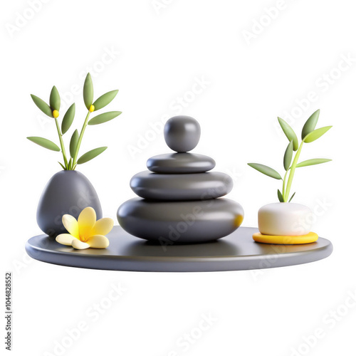 A 3D render of a tranquil zen garden featuring stacked stones, decorative plants, flowers, and an aesthetic layout conveying peace and relaxation.