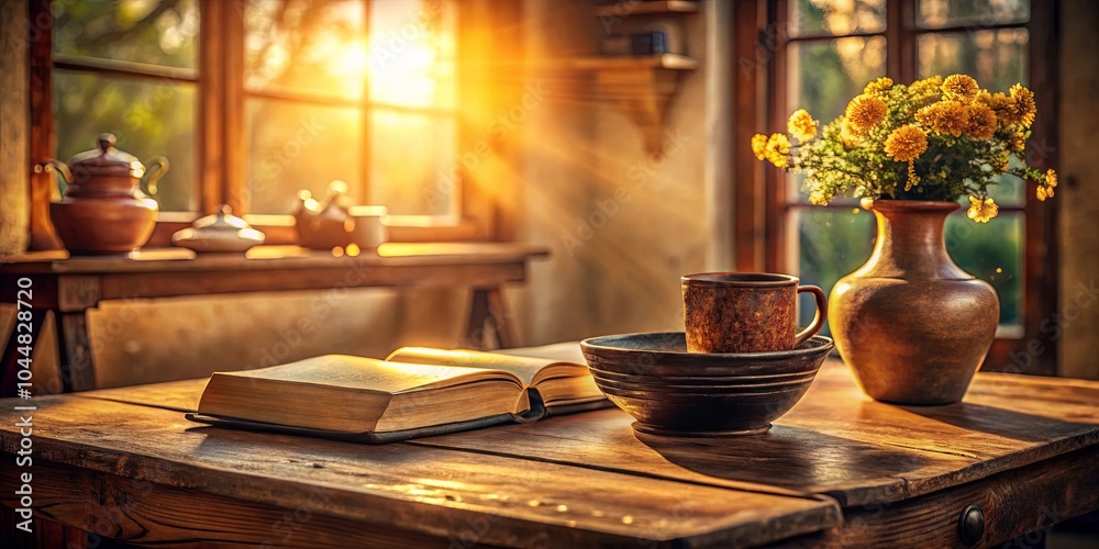 A Rustic Table Setting Bathed in Warm Sunlight, Featuring a Book, Teacup, and a Vase Filled with Yellow Flowers A Rustic Table Setting Bathed in Warm Sunlight, Featuring a Book, Teacup, and a Vase Filled with Yellow Flowers