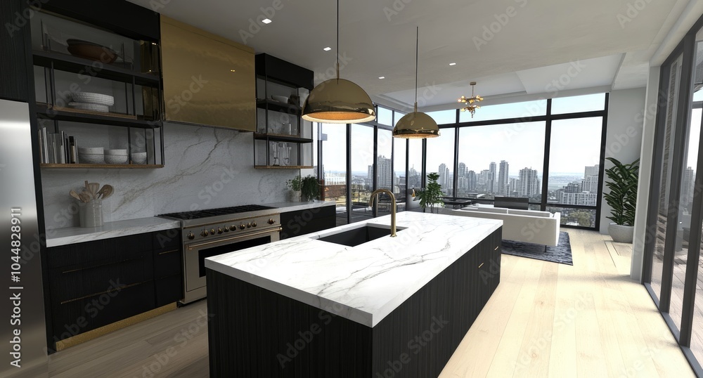 Fototapeta premium Modern kitchen with a marble countertop, black cabinets, and brass light fixtures, with an open concept layout for a spacious interior design in an apartment